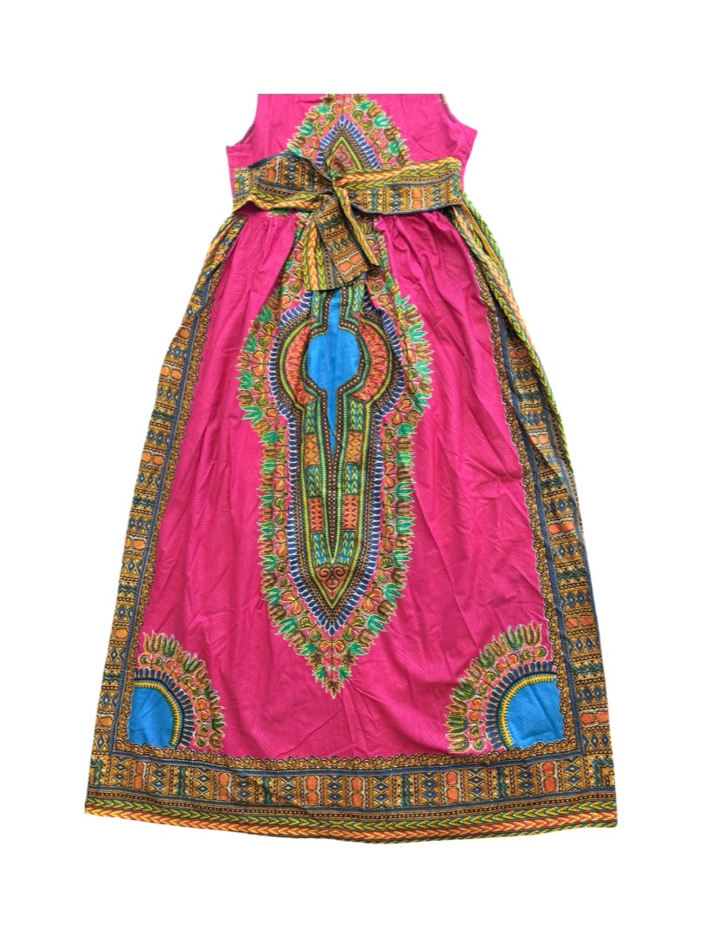 Sleeveless Magenta Maxi Dress with African Print Tie-Waist - Picture 5 of 15
